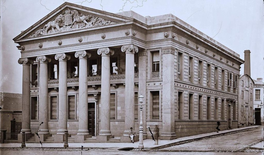 A bank building with columns