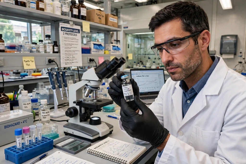 Personalised Vaccine Tested in Ovarian Cancer Study Researchers working on a personalised cancer vaccine in a laboratory
