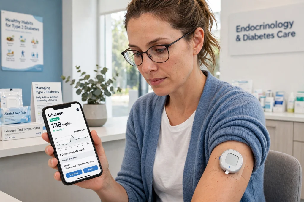 Person wearing a continuous glucose monitor checking readings on a smartphone