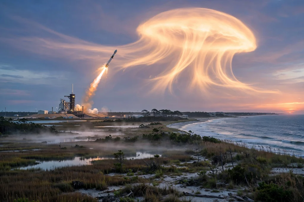 SpaceX Launch Creates Stunning Jellyfish Cloud Over US East Coast SpaceX rocket launch creating a glowing jellyfish cloud at dawn