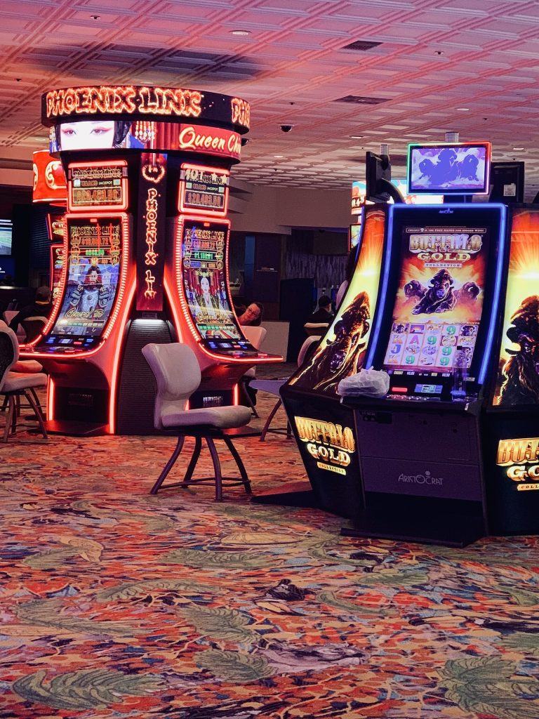 Slot machines lined up on a casino floor